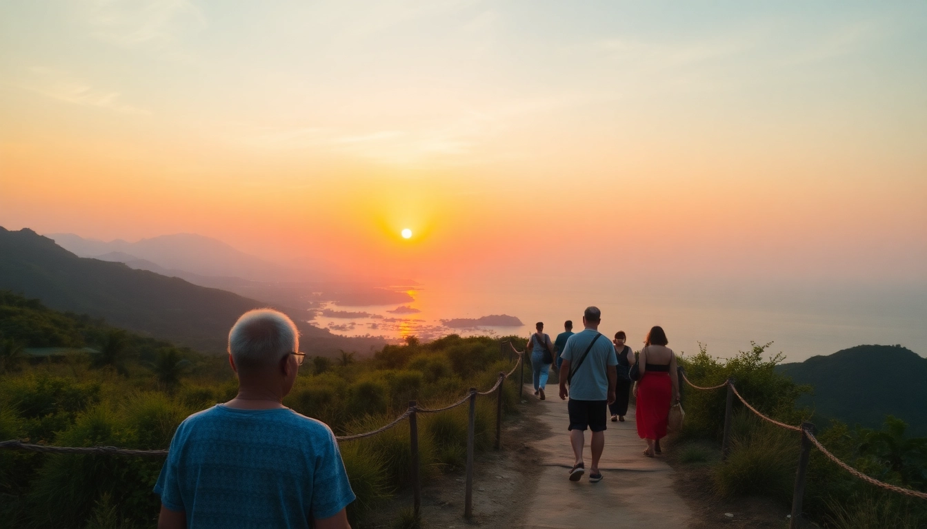 Lombok guide leading travelers on a scenic island trail with breathtaking sunset views, showcasing local culture and natural beauty.
