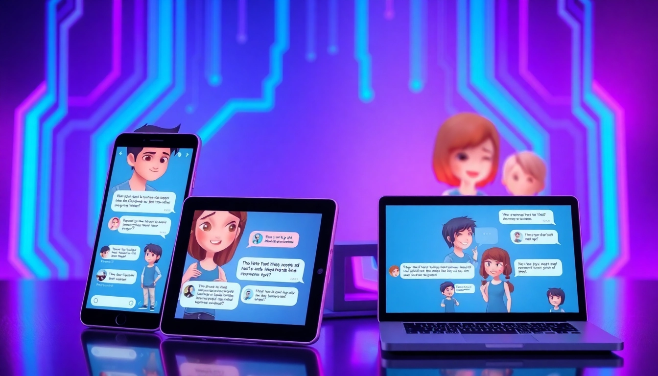 Multiple devices displaying animated AI characters engaged in text chat on a glowing digital interface.