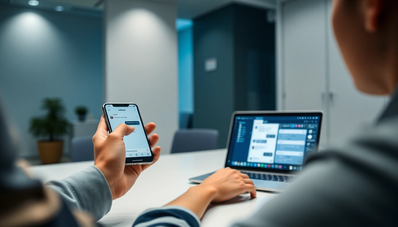 A person using a smartphone and laptop displaying AI chat interfaces in a modern office setting.