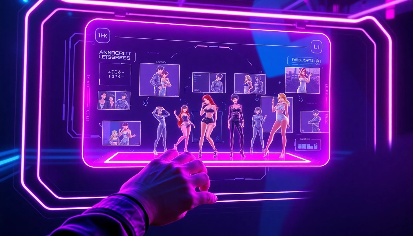 Futuristic digital interface with neon colors displaying adult-themed AI images and videos on holographic screens.