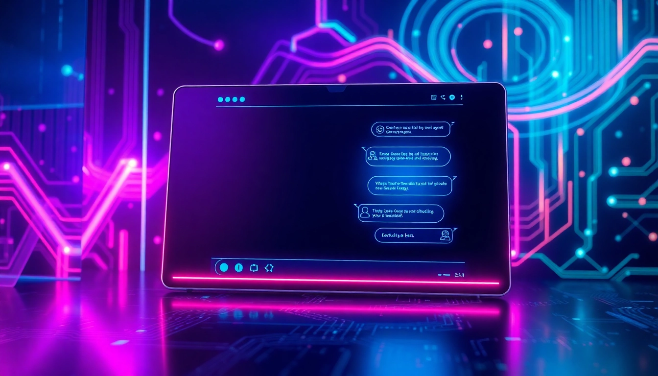 An illustration of a futuristic AI chatbot interface with neon accents and digital data streams, representing advanced artificial intelligence technology.