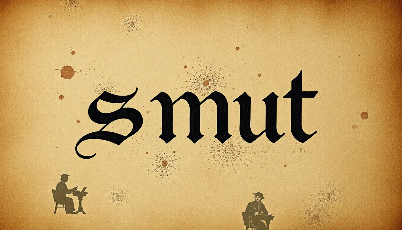 Historical illustration of an old manuscript with stains and the word "smut" in ornate calligraphy