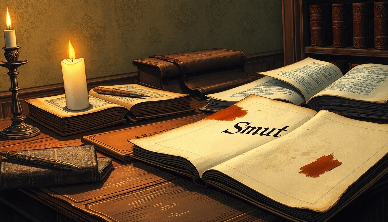 Historical study scene with stained manuscript and old books, warm candlelight