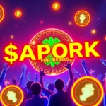 Community members celebrating APORK for Rebels meme coin with glowing crypto symbols and