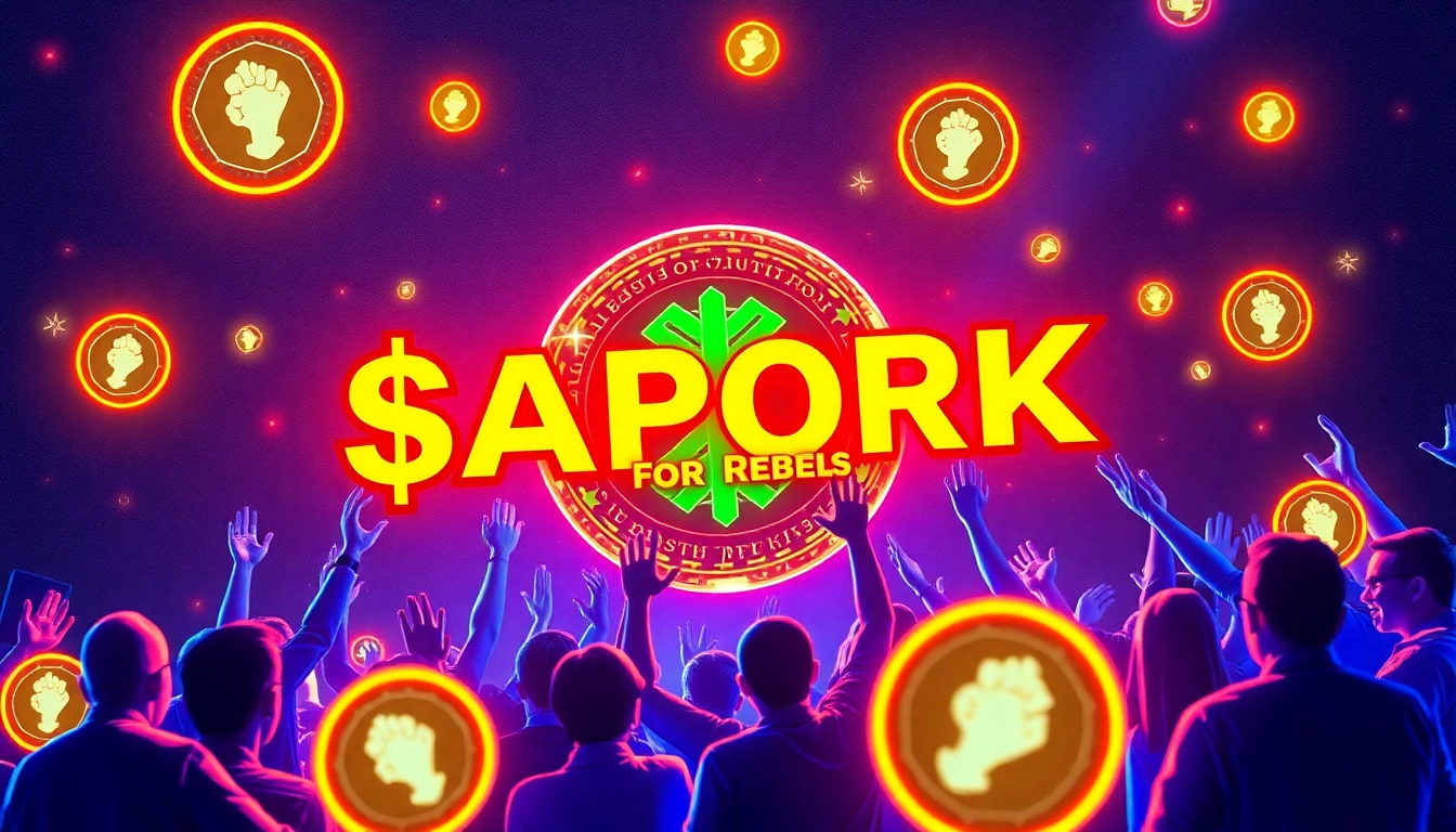 Community members celebrating APORK for Rebels meme coin with glowing crypto symbols and