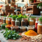 Wholesalers analyzing colorful spice jars and herbs in a market-style setting for bulk