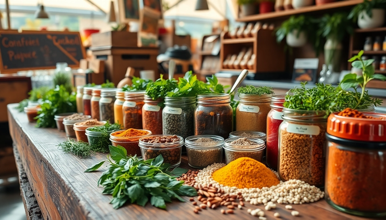 Wholesalers analyzing colorful spice jars and herbs in a market-style setting for bulk