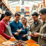 Wholesalers inspecting high-quality spices in a modern warehouse for trusted distribution and sales.