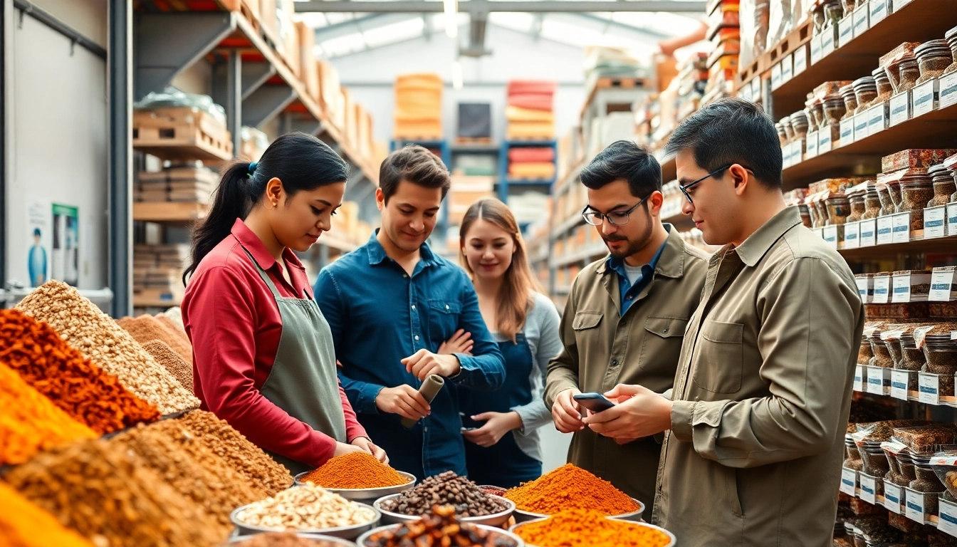 Wholesalers inspecting high-quality spices in a modern warehouse for trusted distribution and sales.